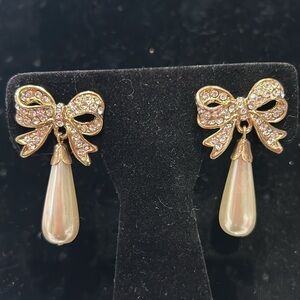 Vintage Bow & Pearl Drop Earrings-Gold- Boutique